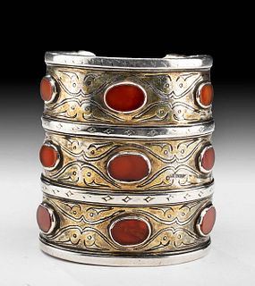 19th C. Turkoman Silver Bracelet w/ Carnelian