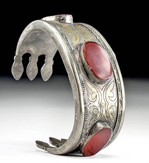 19th C. Turkoman Silver Copper Bracelet Red Glass Inlay