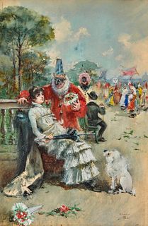 ITALIAN SCHOOL, (19th century), Woman Seated with Dog and Masked Merrymakers