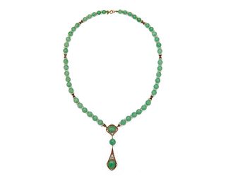 14K Gold, Jadeite, Rock Crystal, Diamond, and Seed Pearl Necklace