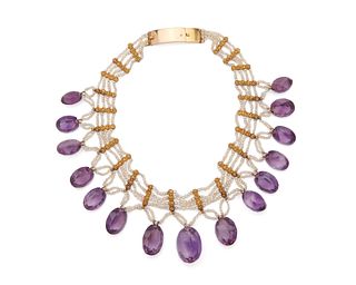 14K Gold, Seed Pearl, and Amethyst Necklace