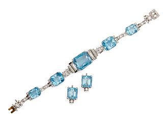 Platinum, Aquamarine, and Diamond Bracelet and Earclips
