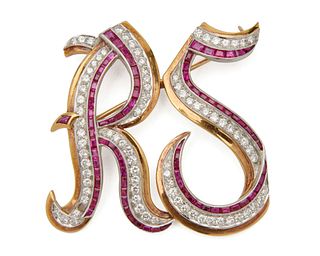 18K Gold, Platinum, Diamond, and Ruby Initial Brooch