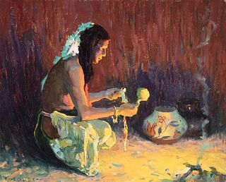 E. I. Couse, Indian Brave Kneeling Before the Firelight
