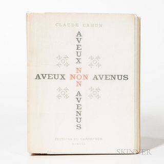 Cahun, Claude (1894-1954) A Veux Non Avenus. Paris: Editions de Carrefour, 1930. Octavo, printed white dust jacket over wrapper, number