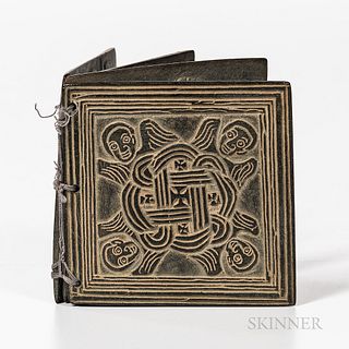 Welsh Carved Slate Biblical Book. Late 19th century, the book with four leaves carved on both sides with biblical imagery, 2 3/4 x 2 3/