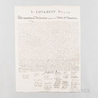 Declaration of Independence, Washington, D.C.: engraved by W.J. Stone, [1833], folio broadside, printed on rice paper, formerly folded