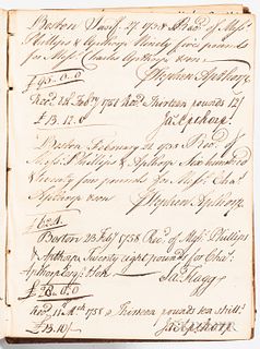 Manuscript Receipt Book of Phillips & Apthorp, Boston, Massachusetts, 1754-1769. Octavo in full calf boards documenting monies paid by