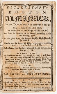 Bickerstaff's Boston Almanack for the Year of our Redemption 1774. Boston: Printed and sold by Mills and Hicks, 1774. 12mo, in marbled