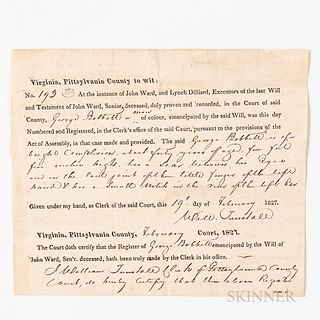 Emancipation Document,1827, February 23. Partially printed document granting emancipation to George Bobbitt, a man of color, Pittsylvan