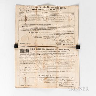 Two President James Buchanan Signed Land Grants. 1860. The printed documents accomplished in manuscript, one granting two hundred forty