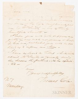Cole, Thomas (1801-1848), Autograph Letter Signed, New York, 5 December 1847. Single sheet of woven paper expressing his gratitude for