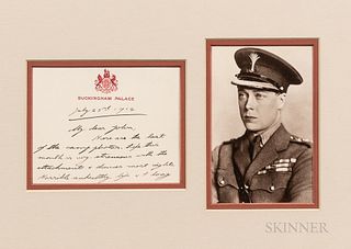 Edward VIII, King of England, Autograph Note Signed, 1914, two-page note with envelope on Buckingham Palace stationary reading "My dear