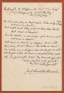 Joel Chandler Harris (1848-1908) Framed Poem and Lithograph, the poem titled "Good-night Mr. Whipperwill! Don't Stay Long!," written an