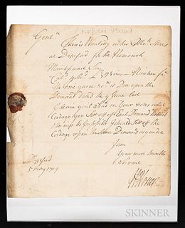 [Horier, William] Letter Signed, 5 May 1709. 1 page on laid paper to Clerk of the Ropeyard & Master Ropemaker Woolwich, addressed and d