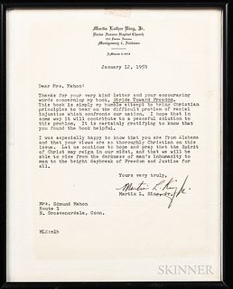 King, Martin Luther, Jr. (1929-1968) Typed Letter Signed, 12 January, 1959. One sheet on Dexter Avenue Baptist Church stationary addres