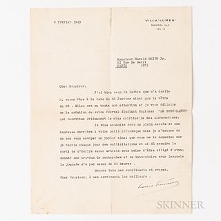 Lumiere, Louis (1864-1948) Typed Letter Signed, 8 February 1940. One page on BFK Rives watermarked paper, Villa "Lumen" letterhead to H