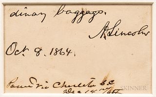 Lincoln, Abraham (1809-1865) Autograph Note Signed, 8 October 1864. Small travel pass reading "Allow the bearers, Mrs Tubman and Mrs Th