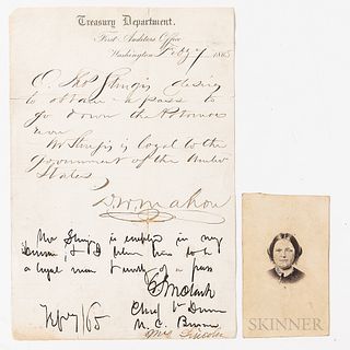 Lincoln, Mary Todd (1818-1882) Signed Request for a Pass, 1865, February 7. One lined sheet on Treasury Department letterhead, a reques
