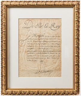Louis XVI French Military Captain's Commission, dated 3 June, 1779, partially printed accomplished in manuscript, signed "Louis," frame