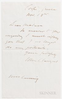 Sargent, John Singer (1856-1925) Autograph Letter Signed, Corfu, Greece, 18 November [after 1910], One page on Papyrus Regia laid paper