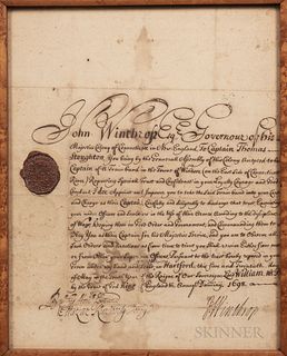 [Winthrop, Fitz-John] Manuscript Captain Thomas Stoughton Windsor, Connecticut, Militia Commission, 1698, accomplished in manuscript an
