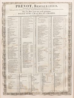 Printed Paris Restaurant Menu, early 19th century, with manuscript additions, framed ht. 24 3/4, wd. 19 1/8 in.