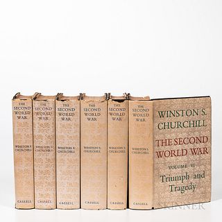 Churchill, Winston (1874-1965) The Second World War. London: Cassell & Co., Ltd., 1948-1954. Six volumes, 8vo, in publisher's black clo