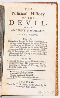 [Defoe, Daniel] (1660-1731) The Political History of the Devil, as Well Ancient as Modern. London: Printed for T. Warner, 1726. First e