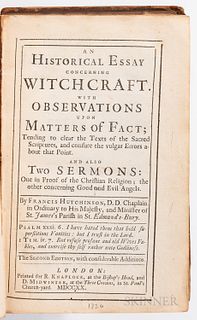 Hutchison, Francis (1660-1739) An Historical Essay Concerning Witchcraft. London: Printed for R. Knaplock, 1720. 12mo, full paneled cal