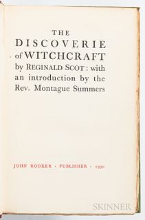 Scot, Reginald (1538-1599) The Discoverie of Witchcraft. Great Britain: John Rodker, 1930. Large octavo, number 394 of 1275 copies prin