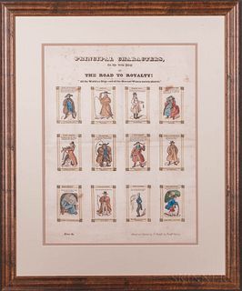 Principal Characters, in the New Play of the Road to Royalty! London: T. Rockliffe, [c. 1829]. Large hand-colored woodcut broadside dep