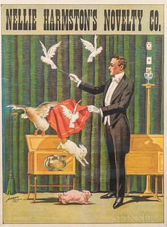 Nellie Harmston's Novelty Co. American Show Print Co., [c. 1910]. Large chromolithographic poster depicting a tuxedoed gloved magician