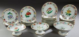 Twenty Six Piece Hand Painted Dessert Set of Old Paris Porcelain, c. 1850, consisting of three graduated compotes, and 23 floral decorated plates, aro