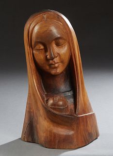 Continental Carved Walnut Madonna and Child Sculpture, 20th c., made from a single piece of wood, H.- 14 in., W.- 8 1/2 in., D.- 6 1/8 in.