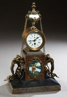 Bronze and Marble Mantel Clock, early 20th c., by Knight, time and strike, with a hand painted porcelain urn surmount, over the enamel dial, on a plin