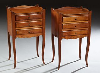 Pair of French Louis XV Style Nightstands, 20th c., the three-quarter galleried top over three drawers, on tapered square cabriole legs, H.- 25 1/4 in