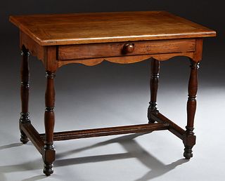 French Louis XIII Style Carved Oak Writing Table, 19th c., the rectangular top over a frieze drawer, on turned tapered legs joined by an H-form stretc