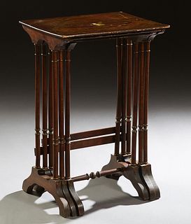 Nest of Three Anglo-Chinese Nesting Tables, 19th c., with gilt figural and landscape painted tops, on turned supports on trestle bases, H.- 27 3/4 in.