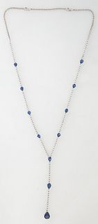 18K White Gold Link Necklace, with white gold links transitioning to a diamond mounted chain with 9 pear shaped sapphire mounted links, and a bottom t