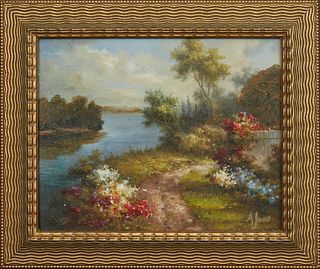 Alton Juno, "The Path Along the Stream," 20th c., oil on canvas, signed lower right, presented in a beaded gilt relief frame, H.- 7 5/8 in., W.- 9 1/2