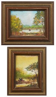 Salvador, "River Landscape," 20th c., pair of oils on board, signed upper corner, presented in matching gilt and polychromed frames, H.- 7 1/4 in., W.
