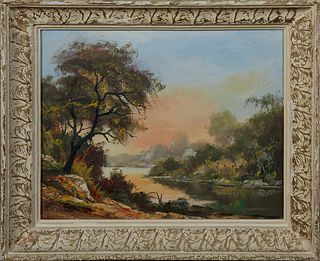 French School, "Hilly River Landscape," early 20th c., oil on canvas, signed illegibly lower left, presented in a gilt and polychromed frame, H.- 14 i