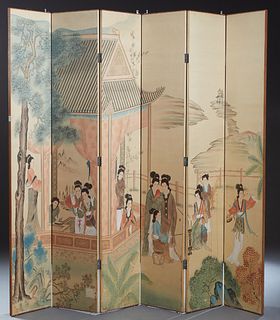 Japanese Six Panel Folding Dressing Screen, 20th c., depicting women in landscapes, H.- 84 in., Each Panel- 15 1/2 in., Total W.- 93 in.