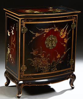 Chinese Style Black Lacquer Bowfront Cupboard, with gilt and polychromed floral decoration over double doors with incised gilt bird and floral decorat