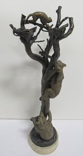 Bronze Tree Form Candle Holder With Bears & Monkey
