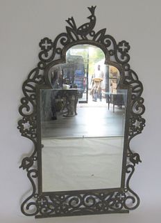 Large Tole Metal Mirror With Bird Finial.