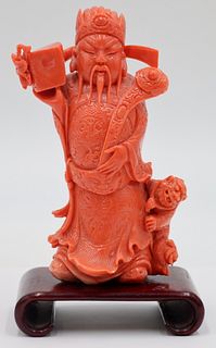 Carved Coral Figure of a Warrior with Foo Dog.