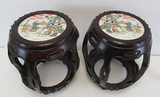 Pr of Garden Stools with Chinese Porcelain Plaques