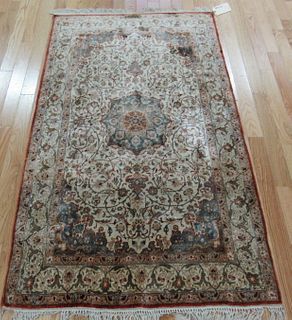 Vintage And Finely Hand Woven Silk Area Carpet.